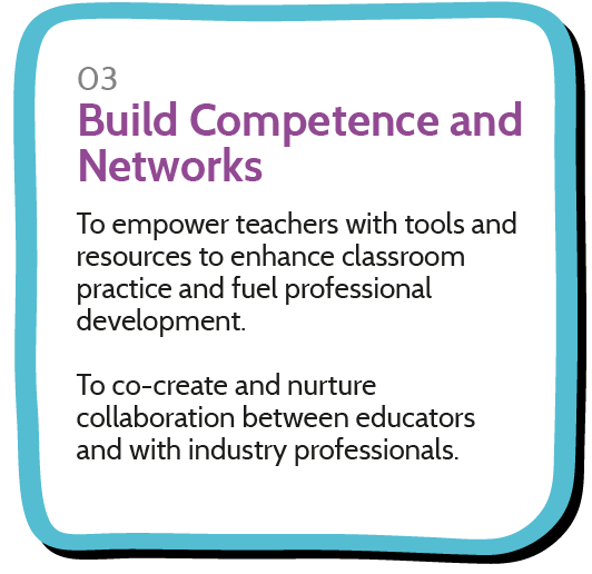 To empower teachers with tools and resources to enhance classroom practice and fuel professional development.  To co-create and nurture collaboration between educators and with industry professionals.